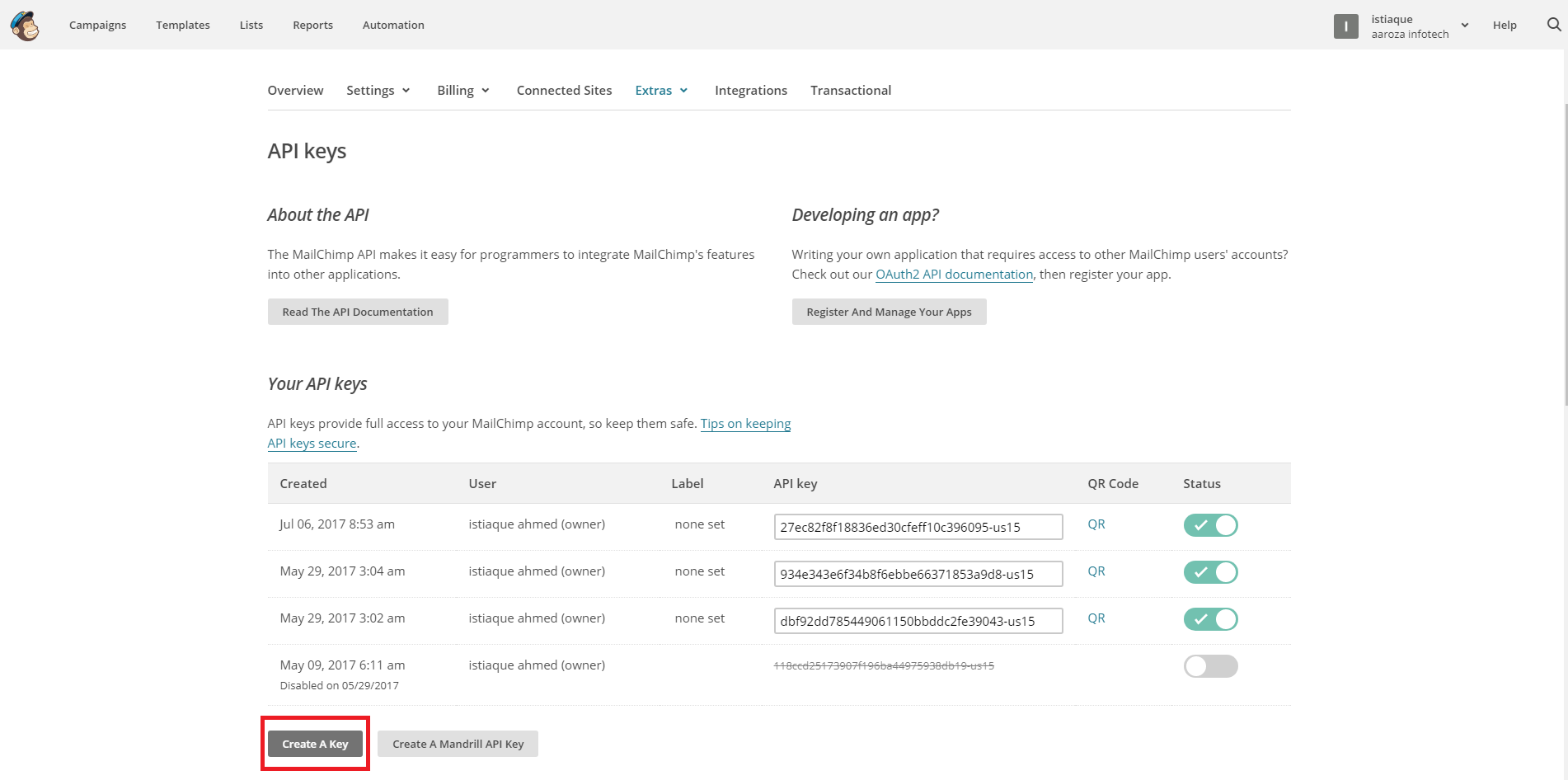 Your New API Key in MailChimp