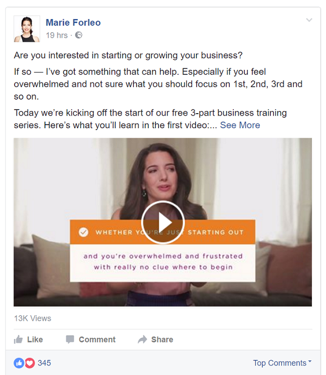Marie-Forleo-using-video-to-market-her-business-on-Facebook